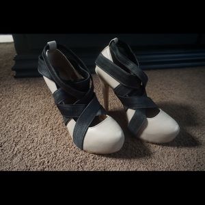 Beige with black strap heels
